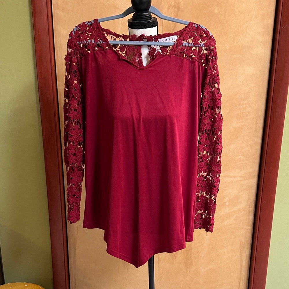 Elegant Burgundy Lace Sleeve Blouse